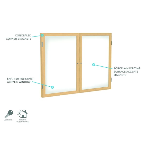 Enclosed Whiteboard, 2 Door, Por/Mag, Oak Frame, 3 Ft H X 4 Ft W, White